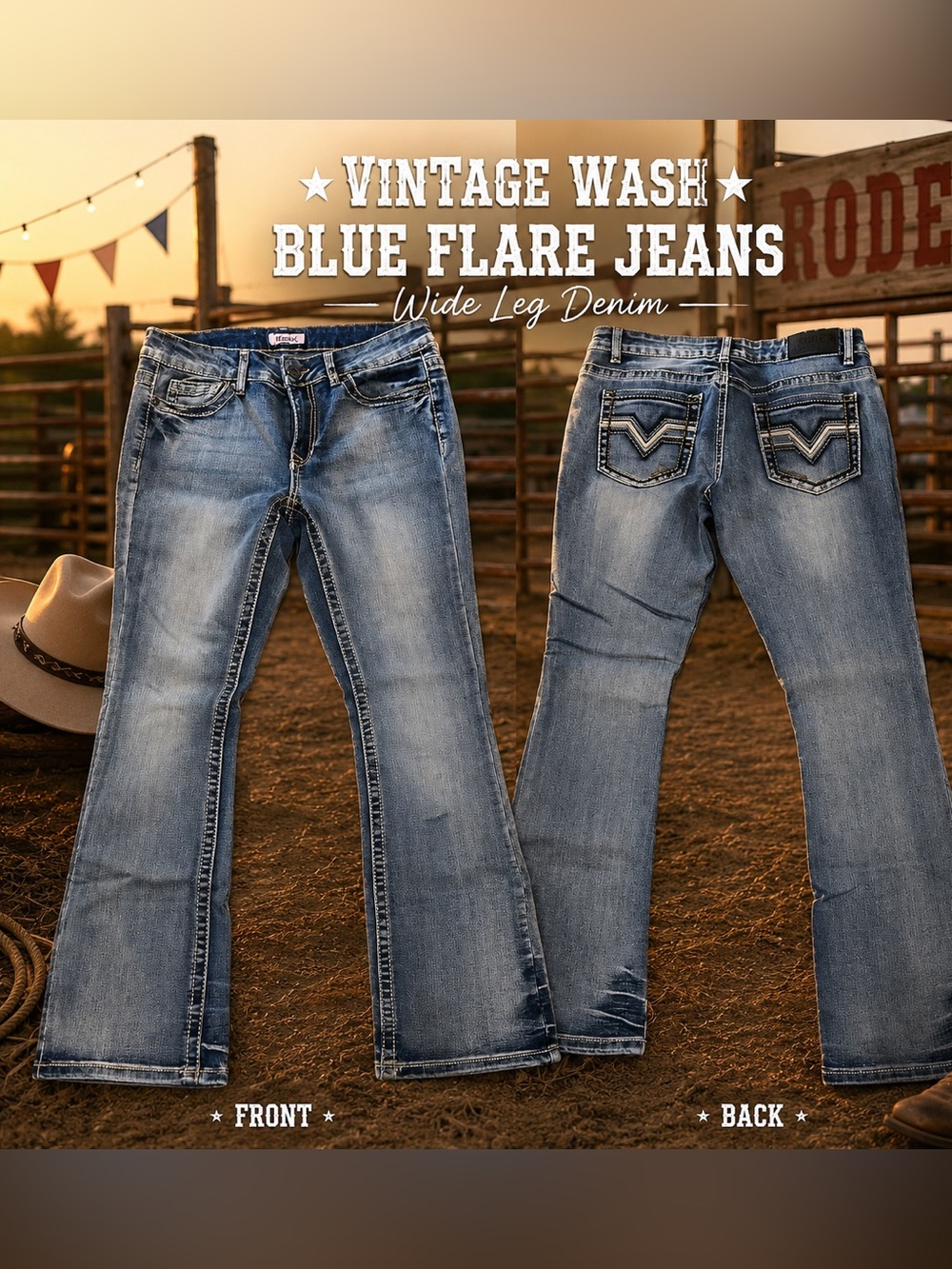 Vintage Wash Blue Flare Jeans - Wide Leg Denim